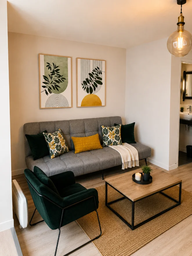 Séjour lumineux d'un logement Airbnb suivi par NelleServices, conciergerie en Île-de-France